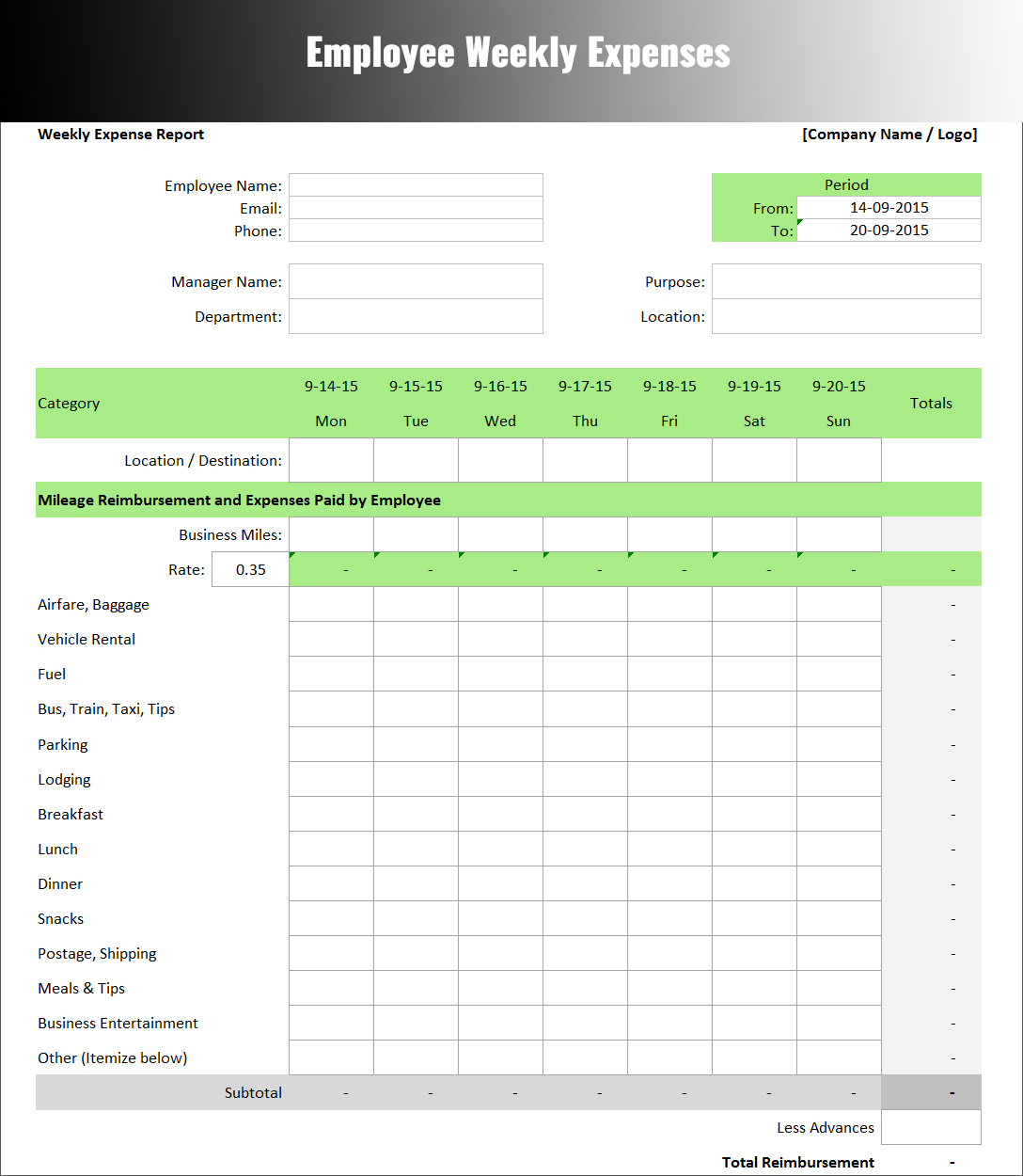 Free Weekly Expenses Report Template