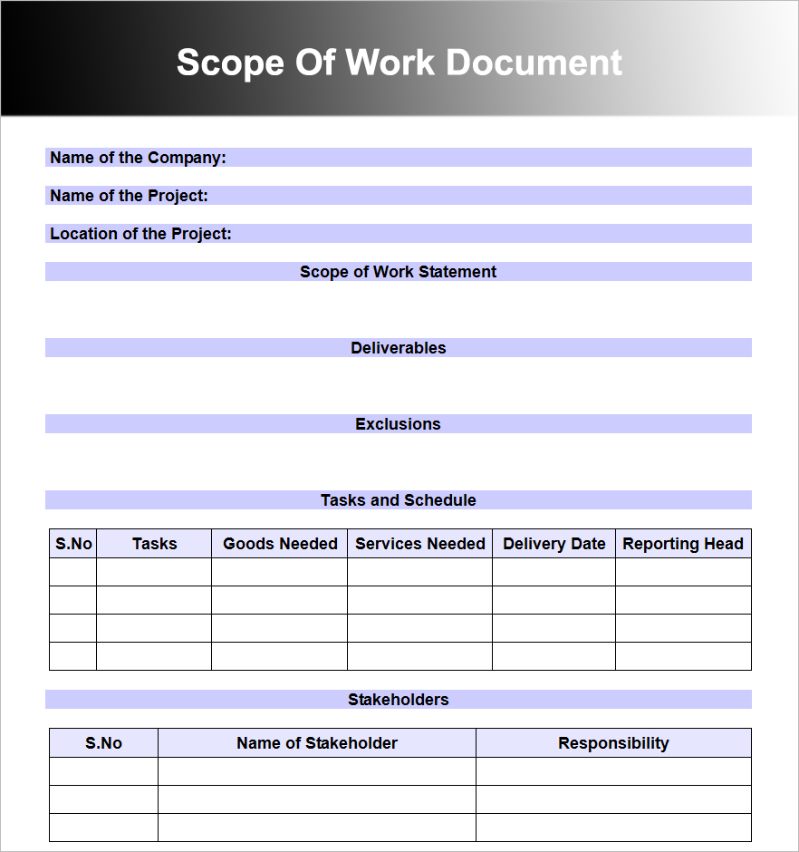 Scope Of Work Template Excel ~ Sample Excel Templates