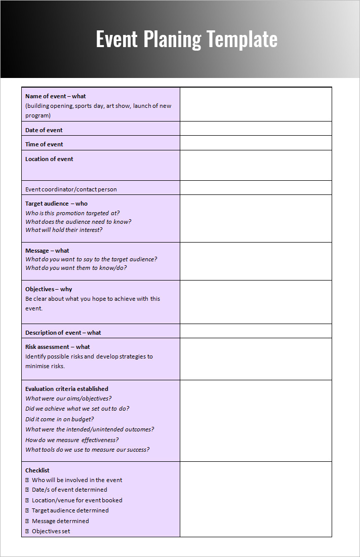 event planner project template excel