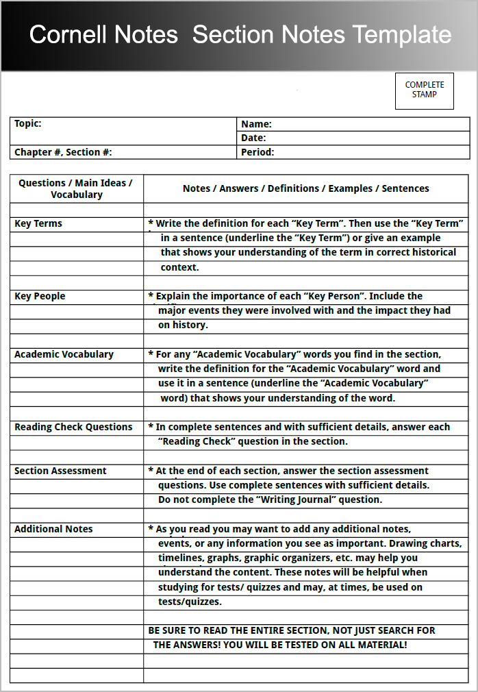 Cornell Notes Section Notes Template