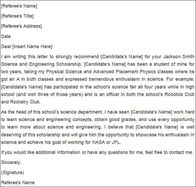 Personal Reference Letter For Scholarship