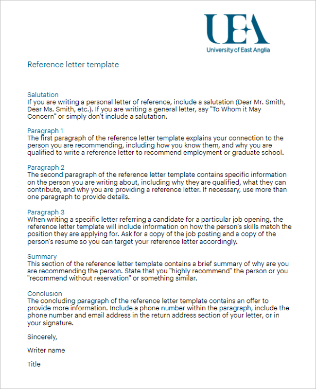 Reference Letter Sample Template