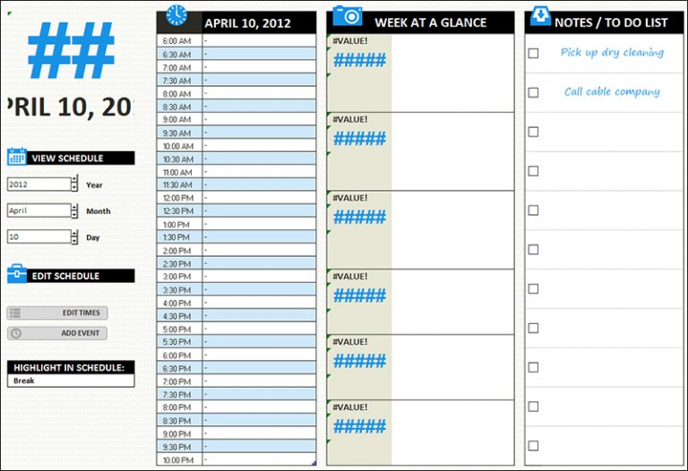 excel daily schedule template