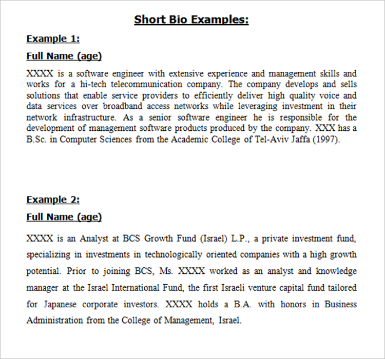 Template Short Bio Examples  HQ Printable Documents