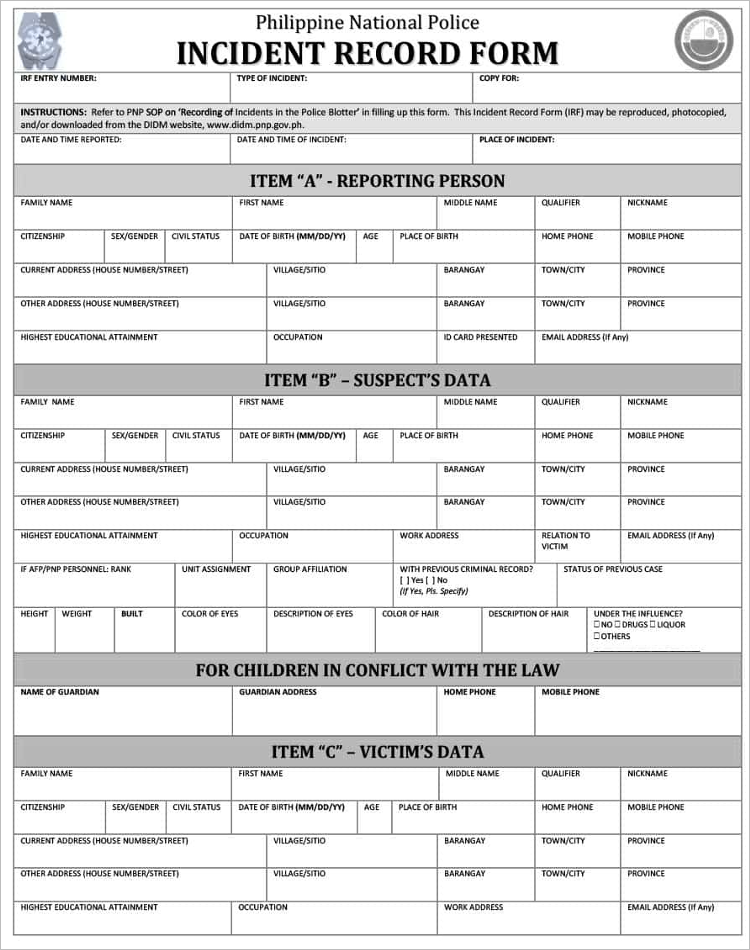 Police Report Template Sample