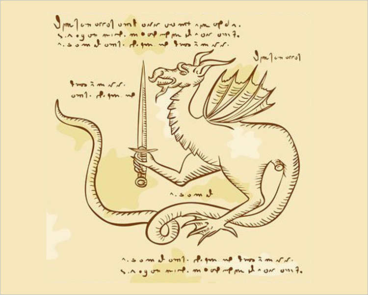 Dragon Holding Sword Etching Drawing