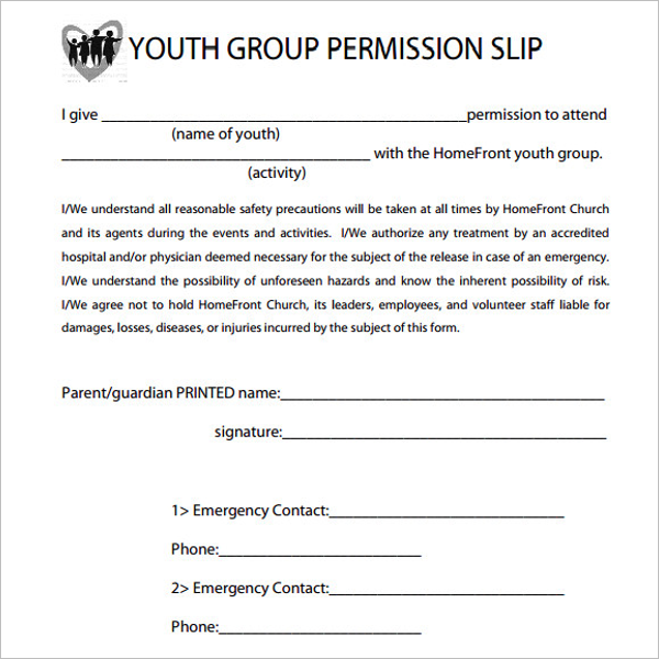 Youth Group Permission Slip Template