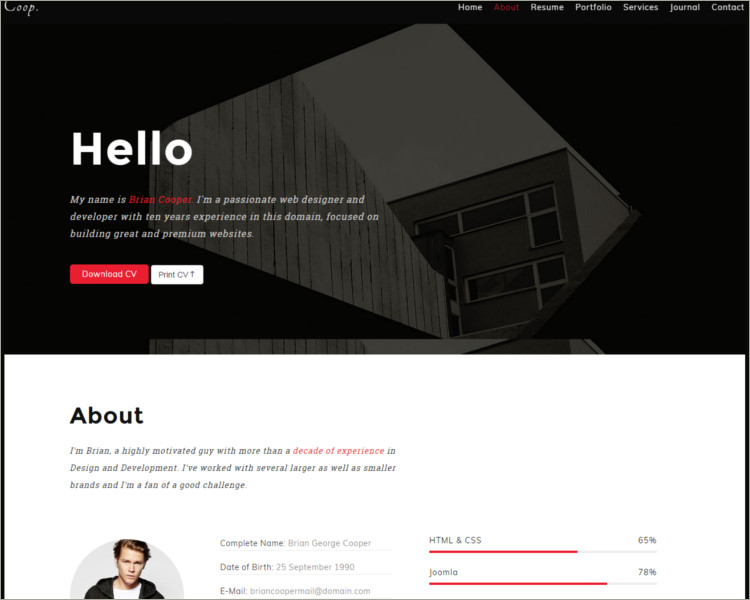 Onepage Personal Portfolio Joomla Theme