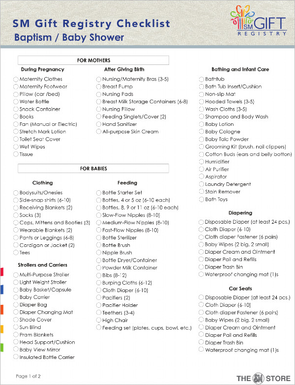 Baby Shower Gift Registry Checklist Template