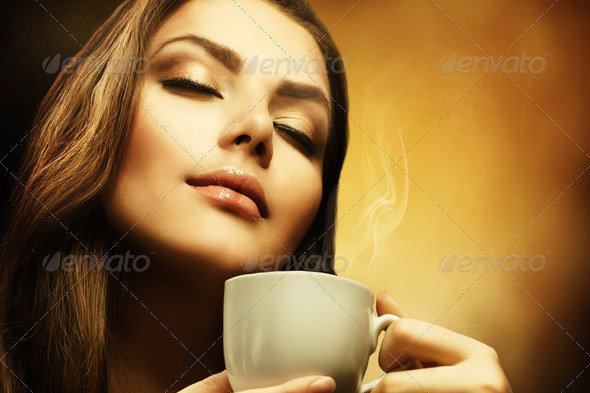 Beautiful Woman Drinking Coffee Realistic Image