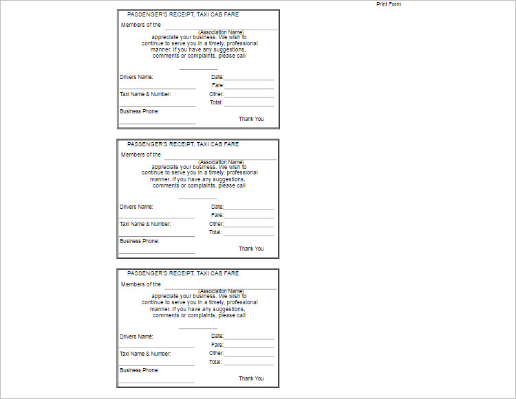 Blank Taxi Receipt Template Excel Form