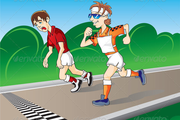 Cartoon Illustration of Marathon Runners at Finishing Line for Designs
