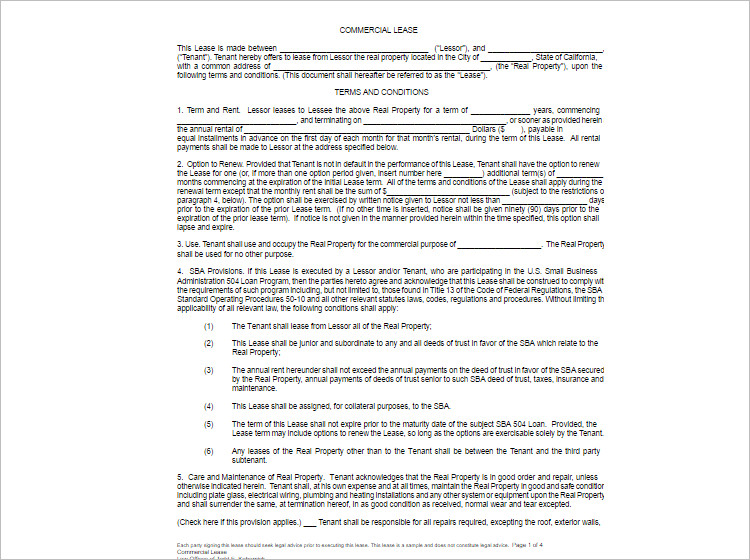 Commercial Lease Agreement Template Word
