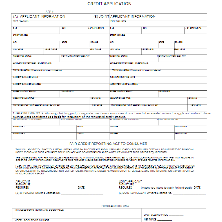 Credit Application Form For Customer