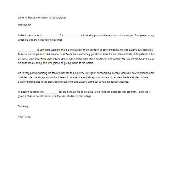 Free Download Recommendation Letter For A Friend For Scholarship