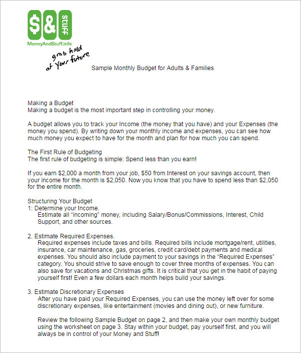 Monthly Budget Worksheet Template