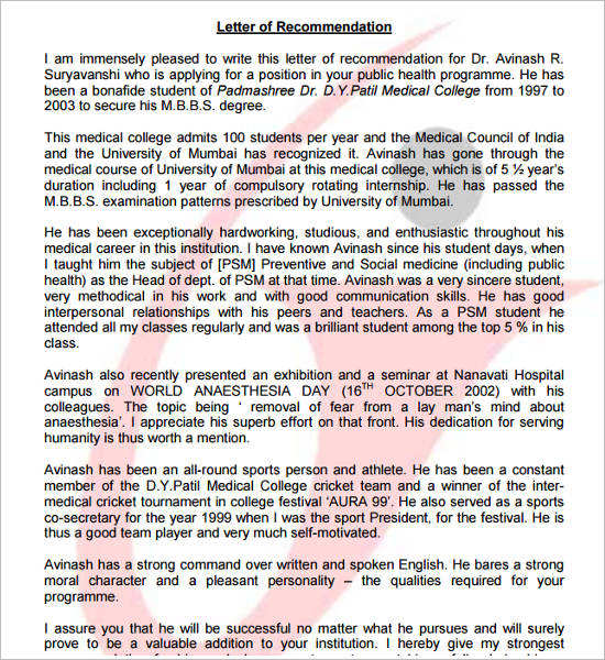 Recommendation Letter for Medical (MBBS)