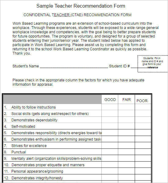 Sample Teacher Recommendation Form