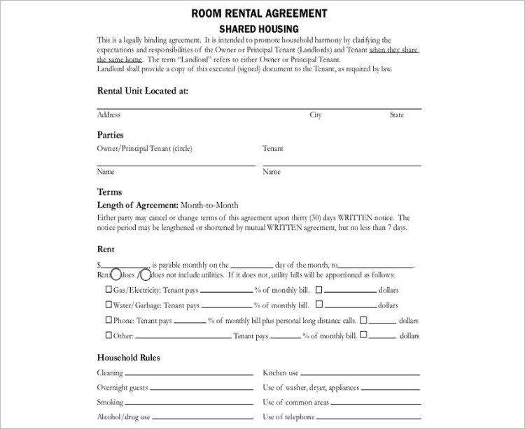 Shared Room Rental Agreement Templates