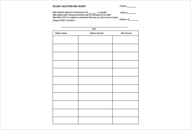 Silent Auction Bid Sheets Word Template