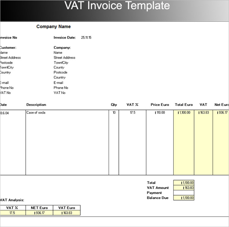 Vat Invoice Template Excel PDF