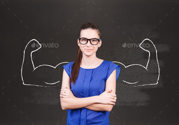 Young business woman with drawn powerful hands behind