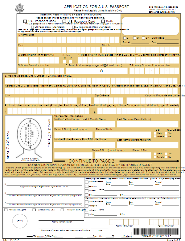 Application Form Template For U.S. Passport