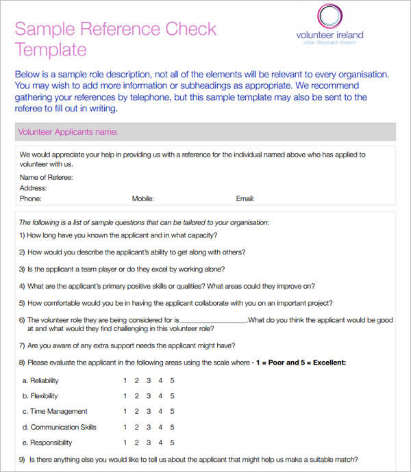 Sample Reference Check Template PDF