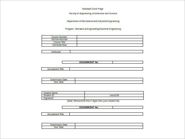 Standared Cover Sheet Excel Template