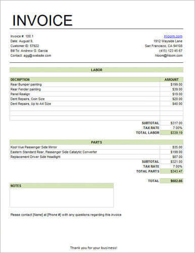 Basic-Service-Invoice-for-Labor-and-Parts-with-Tax