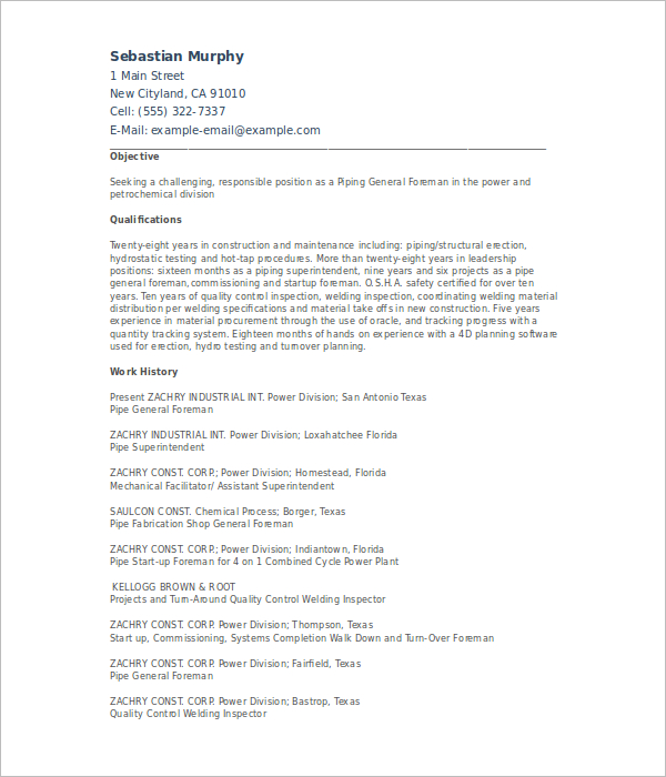 Foreman Pipefitter Resume Template