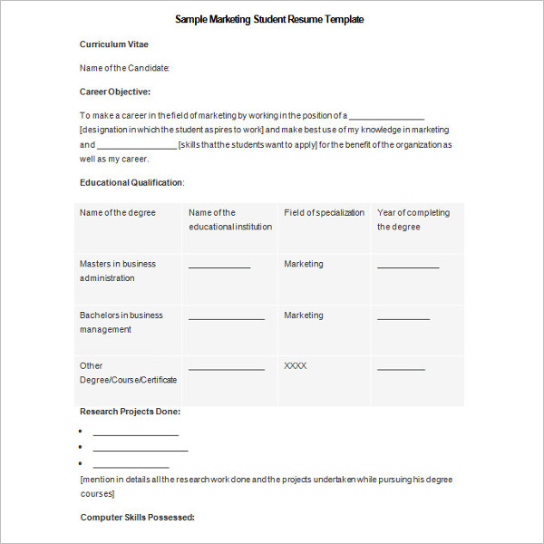 Marketing Student Resume Template Example