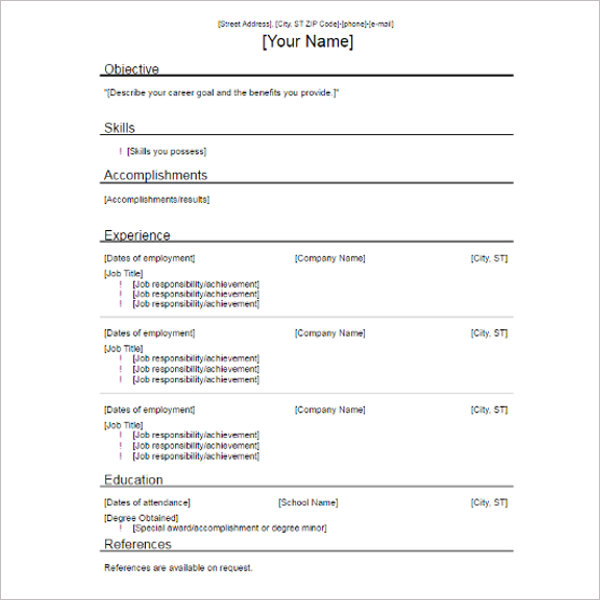 Outline Resume Word PDF Template