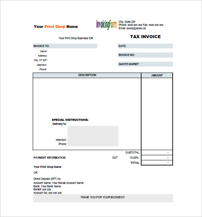 Printable Ta Invoice PDF Template