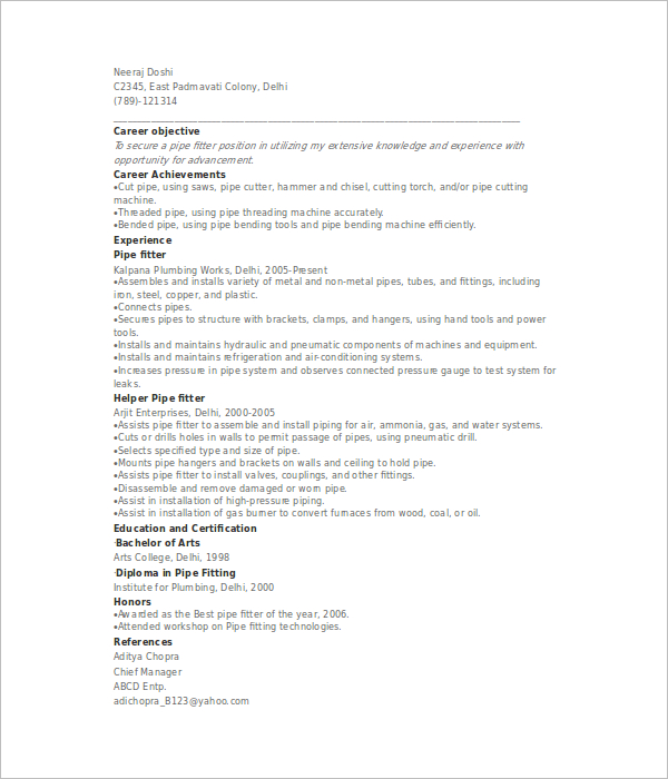 Sample Pipefitter Resume Template