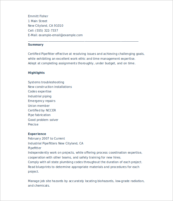 6+ Sample Pipefitter Resume Templates Free PDF Templates