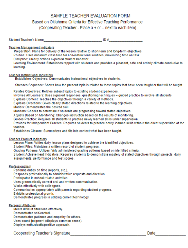 4 Teacher Evaluation Form Template