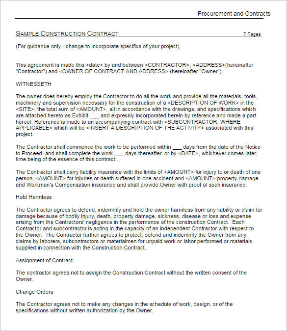 Construction Contract Template PDF