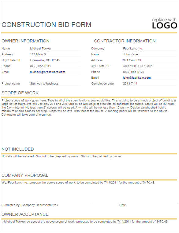 Free Construction Proposal Template Word