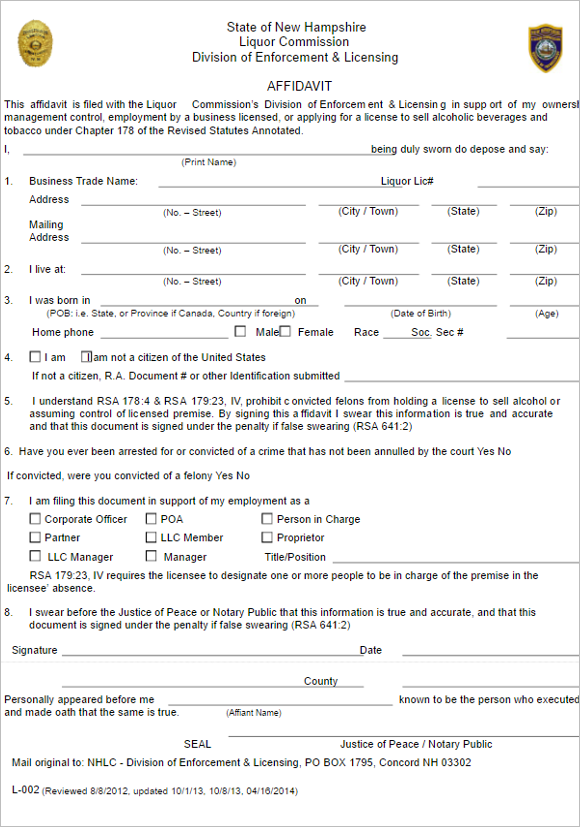 Hampshire Affidavit Form