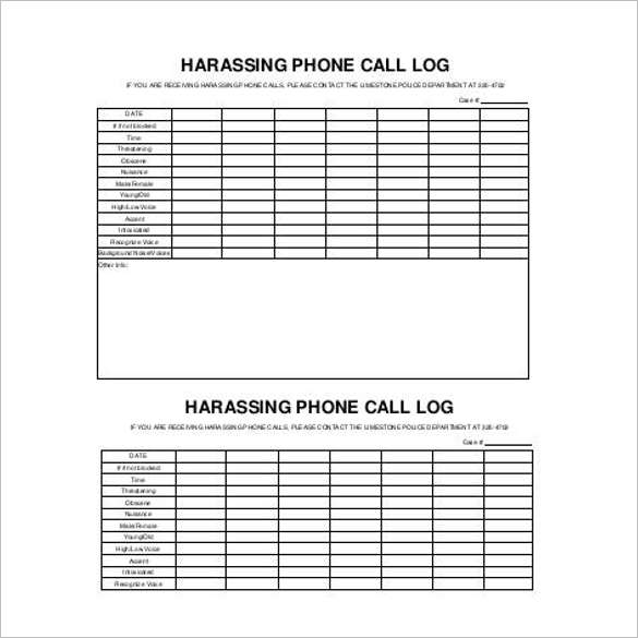 Harassing Contact Call Log Template