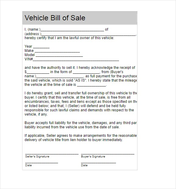 free bill of sale template for car