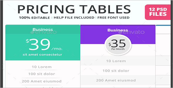 Photoshop Table Pricing Design