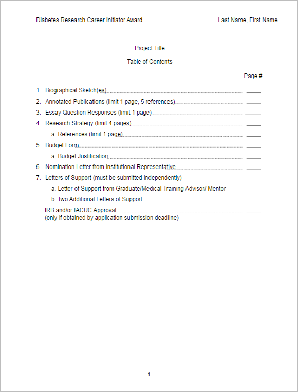 project table of contents example