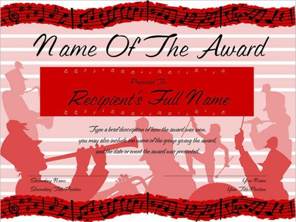 Marching Band Award Certificate