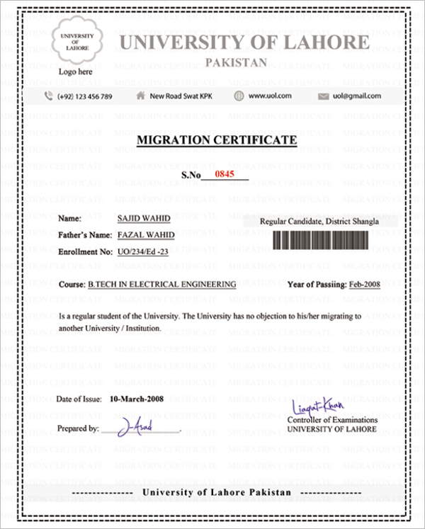 Migration Certificate Template