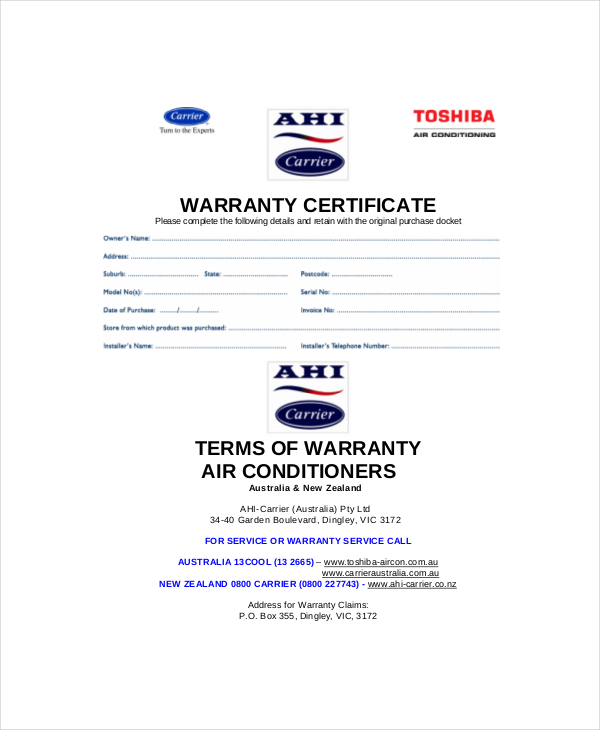 Warranty Certificate Templates Free Premium Samples