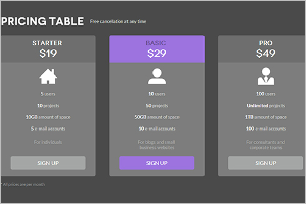 Printable Pricing Table Design