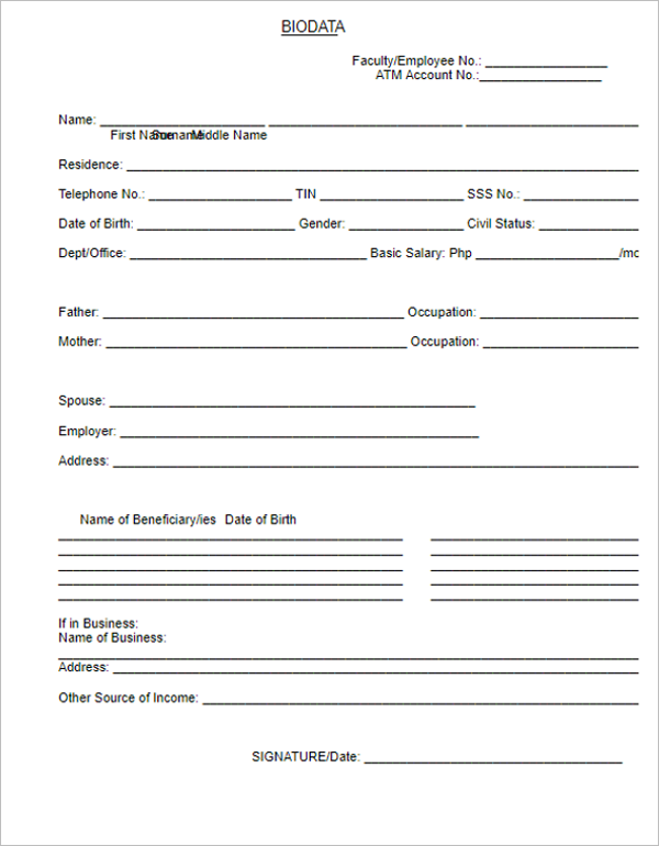 6 Biodata Form Download