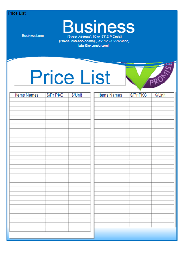 Business Price List Invoice Template